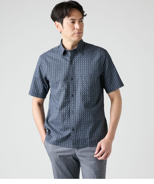サッカー 小紋プリント 半袖ショートポイントカラースクエアシャツ