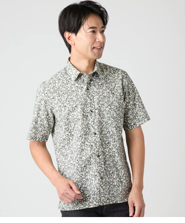 サッカーフラワープリント 半袖ショートポイントカラースクエアシャツ