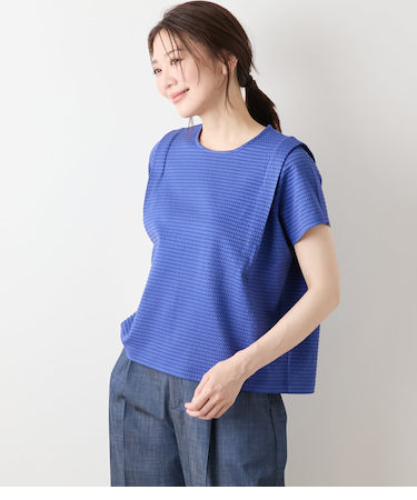 【吸水速乾】格子サッカージャカードシルケット ショルダータックカットソー