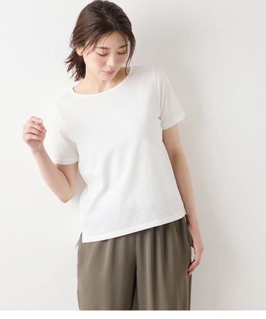 【吸水速乾】格子サッカージャカードシルケット クルーネックカットソー