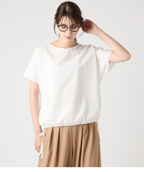 チェックジャカードジャージー 裾ドロスト半袖プルオーバー