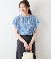 リーフブーケプリント ラッフルスリーブブラウス