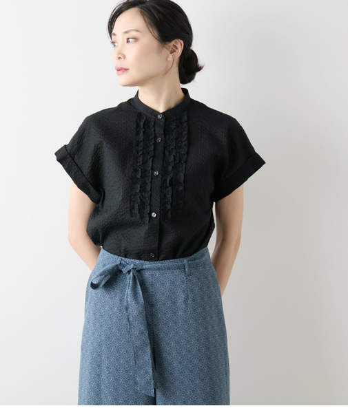 ウェーブコットン フレンチスリーブフリルブラウス