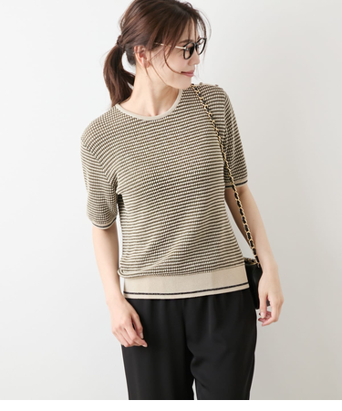 ラメミジンボーダー 5分袖クルーネックプルオーバー