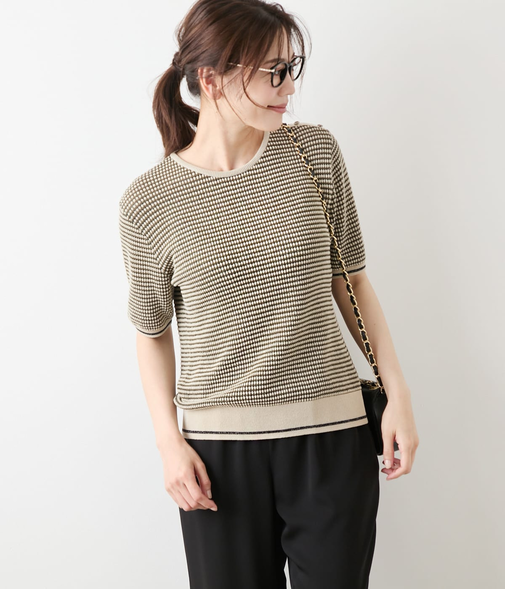 ラメミジンボーダー 5分袖クルーネックプルオーバー