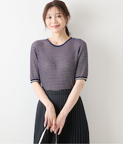 ラメミジンボーダー 5分袖クルーネックプルオーバー