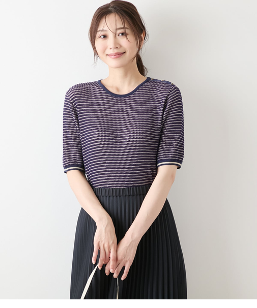 ラメミジンボーダー 5分袖クルーネックプルオーバー