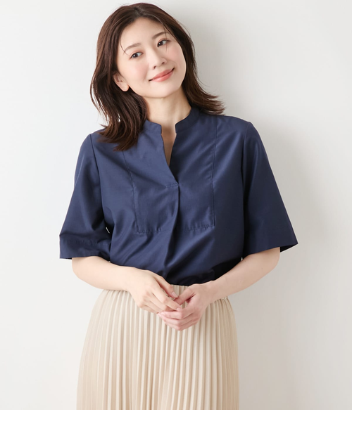 セオリー　スキッパー　シャツ　ネイビー　新品未使用 KOEISTORE スキッパーシャツ レディース ストライプ 半袖