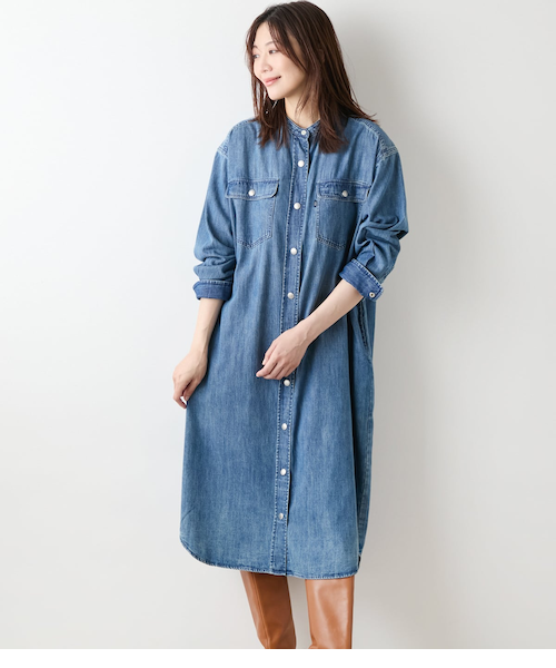 EDWINサムシング　デニムワンピース　フレア　ノーカラー　シャツワンピース EDWINサムシング デニムワンピース フレア ノーカラー シャツ