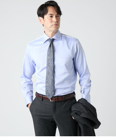 NY CARE FREE ヘリンボーン 長袖ワイドカラーシャツ