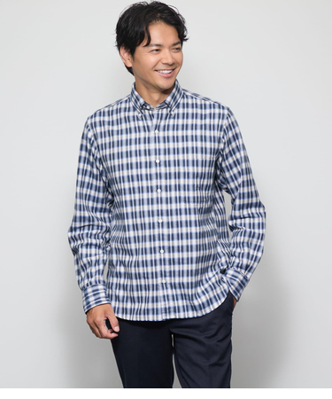 起毛 ネルグラデーションチェック 長袖ショートボタンダウンシャツ