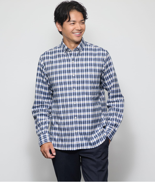 起毛 ネルグラデーションチェック 長袖ショートボタンダウンシャツ