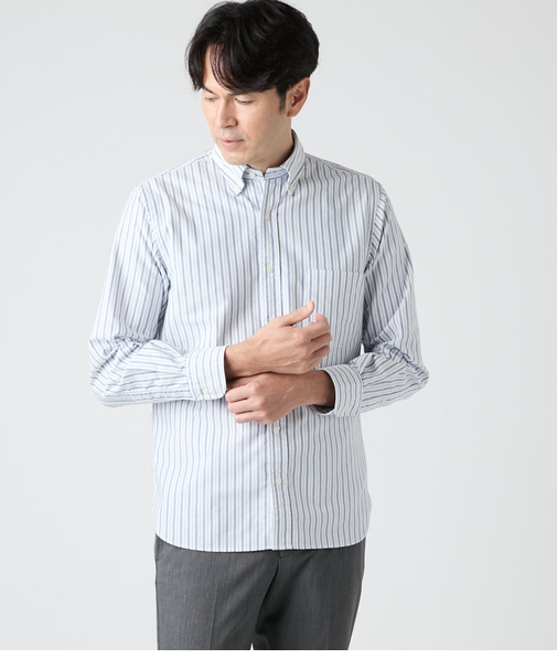 オックスストライプ 長袖ショートボタンダウンシャツ