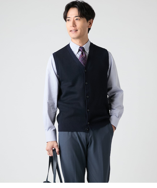 【ウォッシャブル】ツイルライク 前開きニットベスト