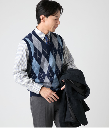 【ウォッシャブル】アーガイル Vネックニットベスト