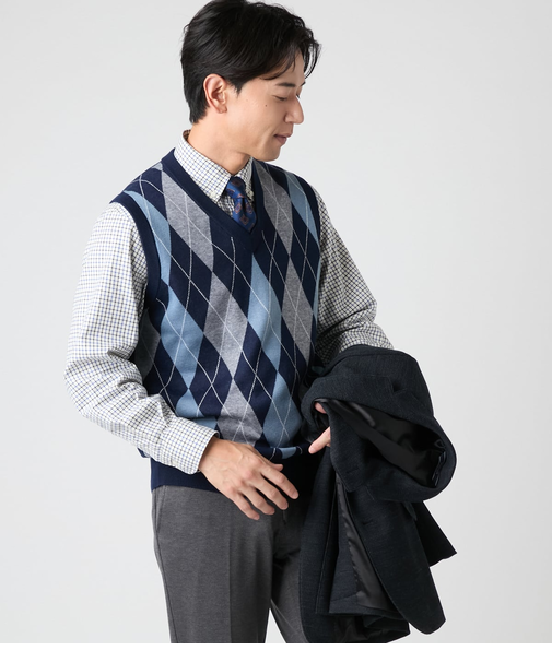 【ウォッシャブル】アーガイル Vネックニットベスト