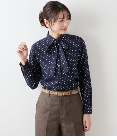 アムンゼンドットプリント 長袖ボウタイブラウス