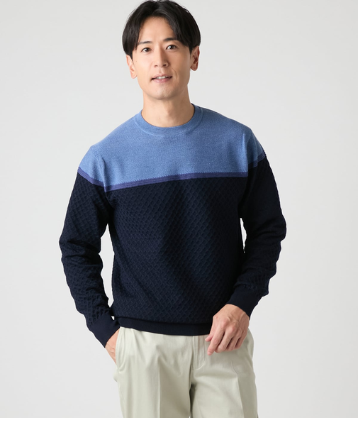 【ウォッシャブル】クルーネック ブロッキングニット