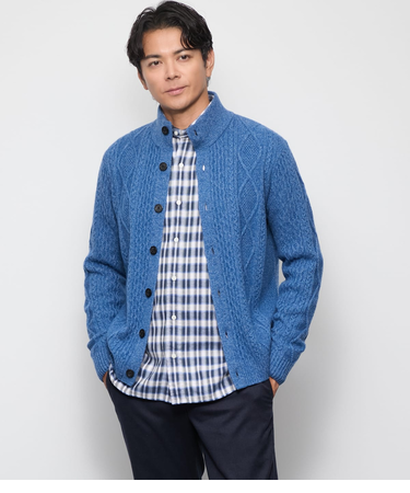 カシミヤ混 ケーブル スタンドカラーカーディガン