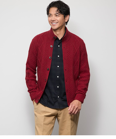 カシミヤ混 ケーブル スタンドカラーカーディガン