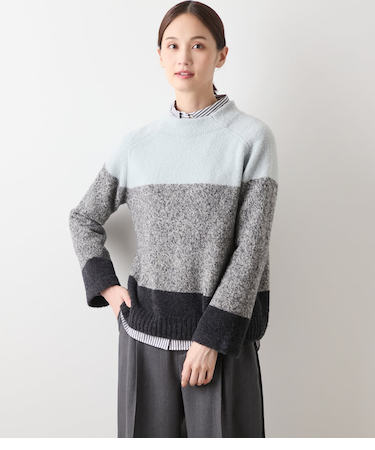 ウールナイロンブークレー ビルドネック配色プルオーバー
