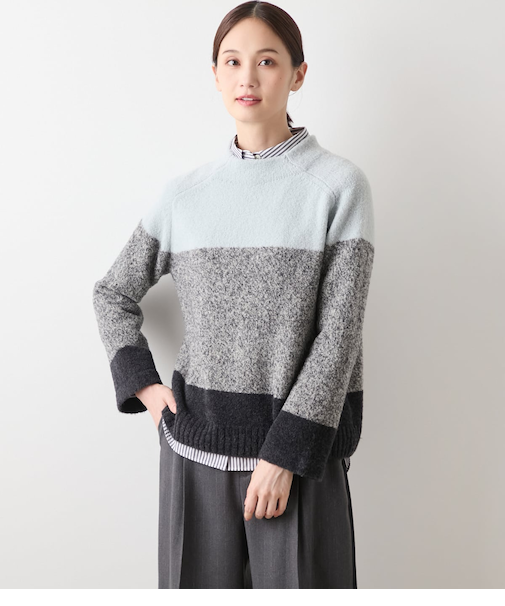 ウールナイロンブークレー ビルドネック配色プルオーバー