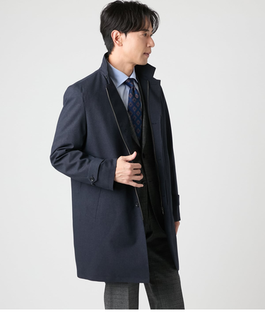 【防風・撥水】メランジシャークスキン ラミネート ビズスタンドカラーコート