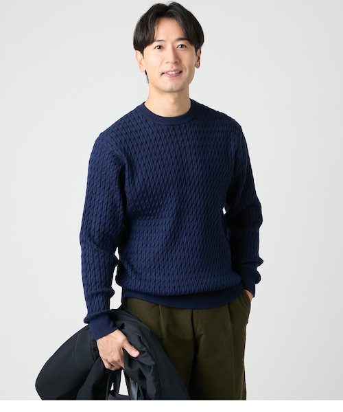 ウォッシャブル】ケーブル クルーネックプルオーバーニット