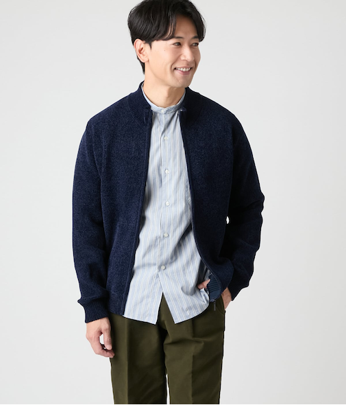 【ウォッシャブル】モール スタンドカラーフルジップアップニット