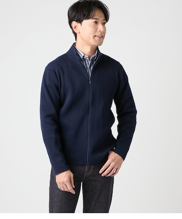 【ウォッシャブル】片畦 スタンドカラーフルジップアップニット