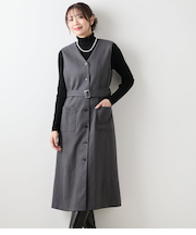 【ストレッチ】デニム調メランジストライプ Vネックジャンパースカート