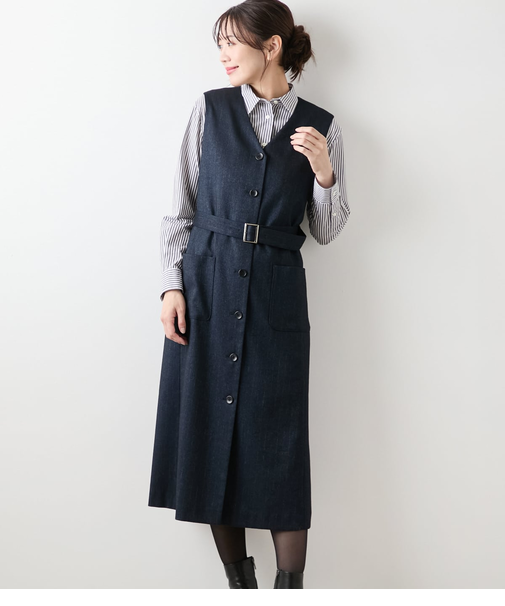 【ストレッチ】デニム調メランジストライプ Vネックジャンパースカート