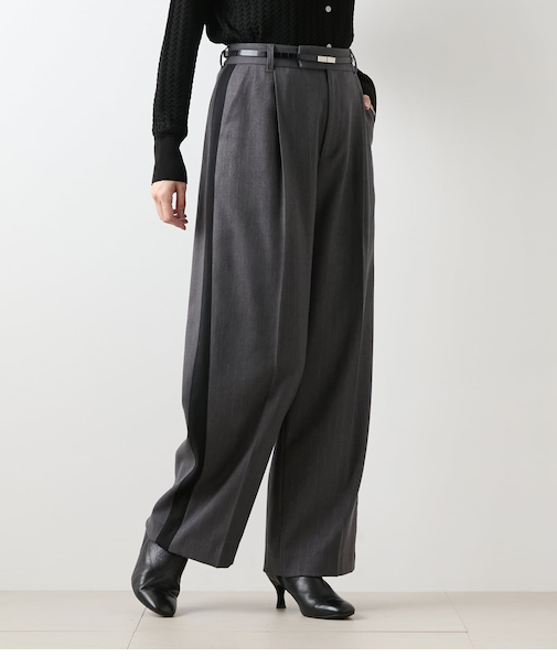 【ストレッチ】デニム調メランジストライプ サイドラインタックパンツ