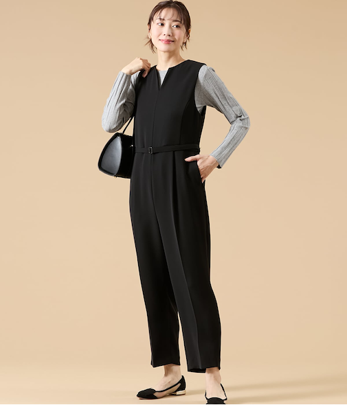 ダブルサテン キーネックオールインワン