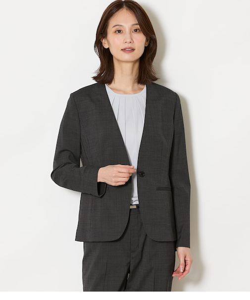 【ウォッシャブル】ウールピンヘッド 1釦カラーレスジャケット