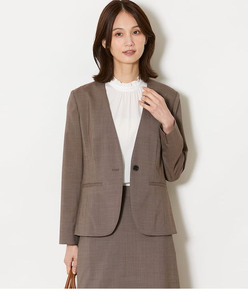 【ウォッシャブル】ウールピンヘッド 1釦カラーレスジャケット