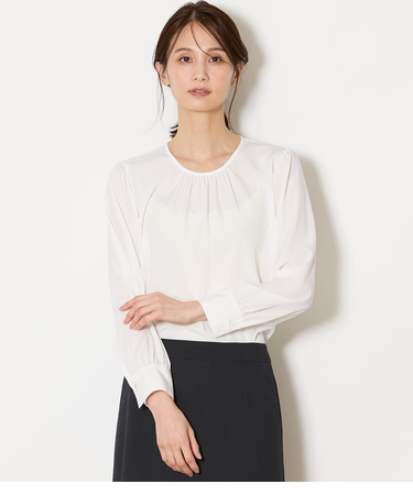 ミニドットデシン フロントギャザー長袖ブラウス