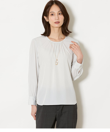 ミニドットデシン フロントギャザー長袖ブラウス