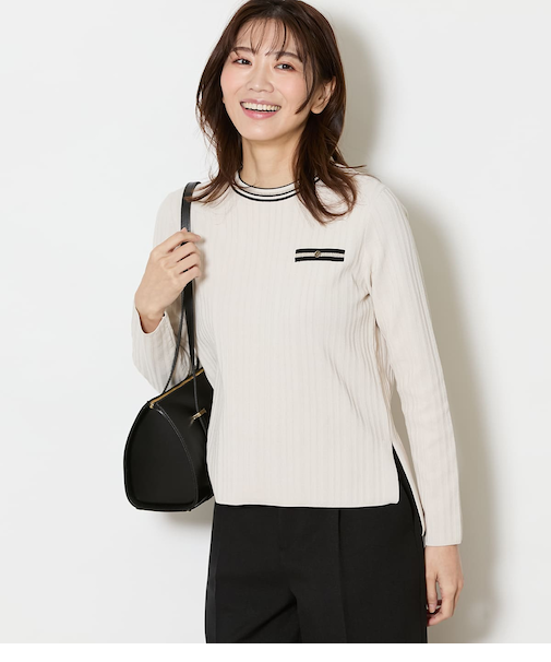 【手洗い可能】コットンポリエステル 配色クルーネックリブプルオーバー