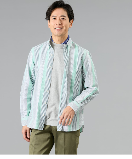 【吸水速乾】サッカー マルチストライプ 長袖ショートボタンダウンシャツ