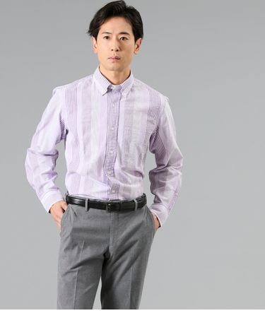 【吸水速乾】サッカー マルチストライプ 長袖ショートボタンダウンシャツ