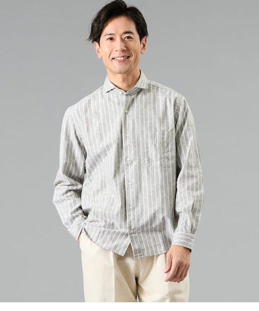 ジャカード ストライプ 長袖カッタウェイカラーシャツ