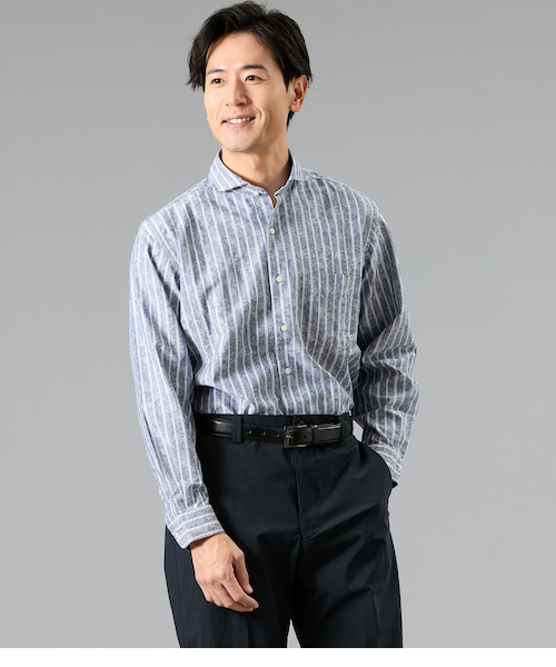 EDWARD CUMING ストライプ長袖シャツ サイズ2 ジャカード ストライプ 長袖カッタウェイカラーシャツ｜ニューヨーカー