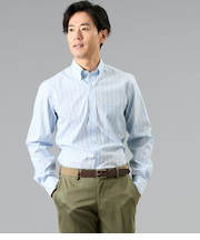 NY FitEase サックスオルタネイトストライプ 長袖ショートボタンダウンシャツ