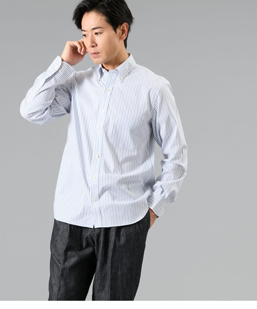 NY FitEase オルタネイトストライプ 長袖ショートボタンダウンシャツ