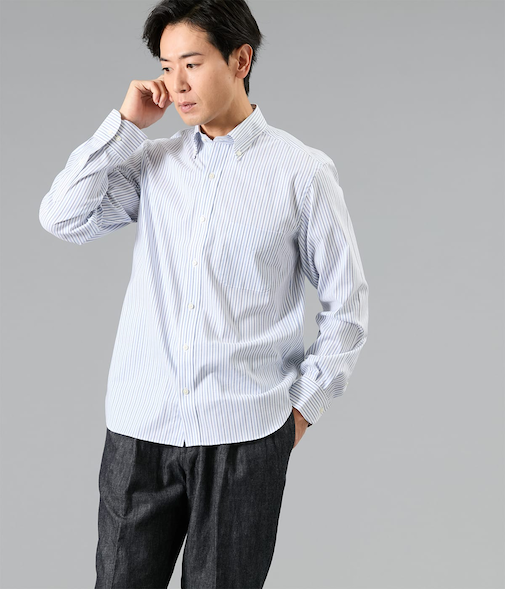 NY FitEase オルタネイトストライプ 長袖ショートボタンダウンシャツ