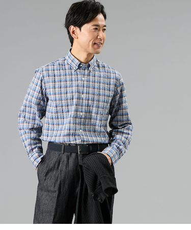 【吸水速乾】サッカー ネイビーチェック 長袖ショートボタンダウンシャツ