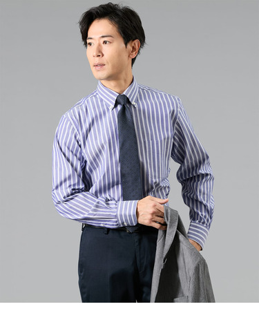 NY FitEase リバースストライプ 長袖ショートボタンダウンシャツ