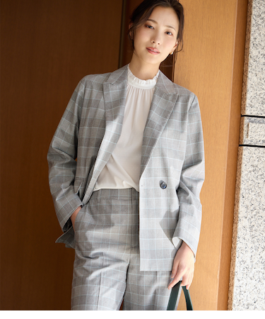 【ウォッシャブル】綿麻カラードグレンチェック ピークドラペルダブルジャケット