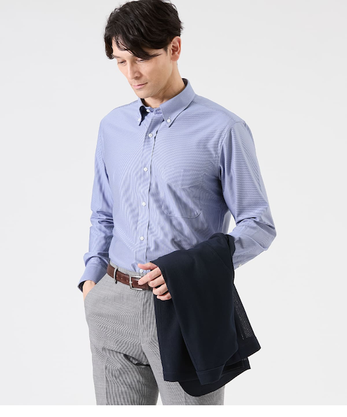 【ストレッチ・吸水速乾・通気性】トリコット 千鳥 長袖ボタンダウンシャツ